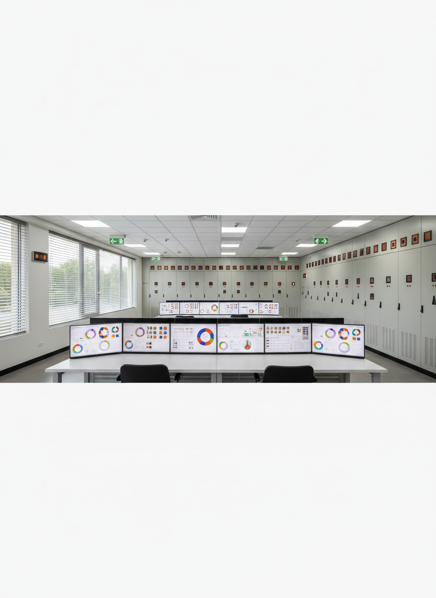 Una sala de control de mantenimiento empresarial sin operadores, con un amplio escritorio técnico de superficie blanca y varios monitores encendidos que muestran diagramas abstractos de rendimiento y tableros de indicadores sin texto. En la pared, paneles eléctricos cerrados y ordenados, etiquetados solo con símbolos geométricos. El ambiente evoca una empresa mexicana moderna con detalles sutiles como señalizaciones de color ámbar y verde sin palabras. Iluminación combinada de luz de día filtrada por persianas y luz LED neutra del techo, generando una atmósfera profesional y de alta precisión. Composición fotográfica panorámica con enfoque nítido en todo el cuadro, estilo realista y corporativo, transmitiendo monitoreo constante y asesoría especializada.
