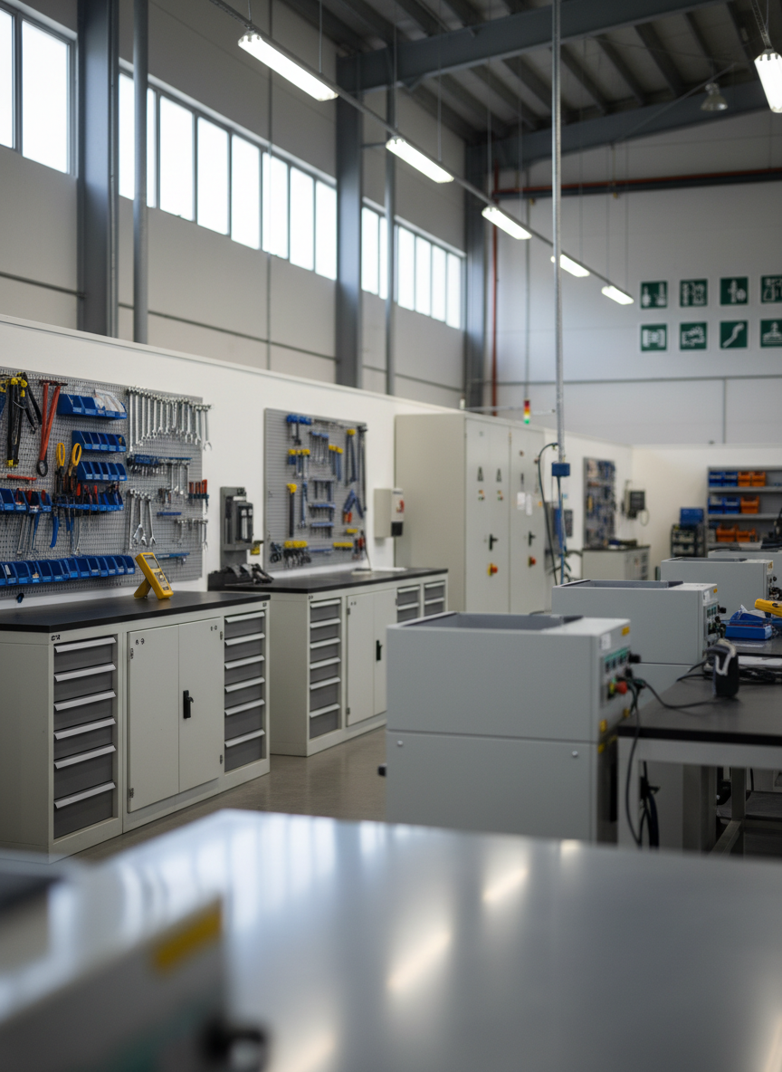 Un taller de mantenimiento empresarial moderno sin personas, con maquinaria industrial ligera y tableros eléctricos bien organizados en primer plano. Gabinetes metálicos gris claro, herramientas alineadas sobre paneles perforados y equipos de medición digital reposan sobre una mesa de trabajo robusta. Al fondo, se insinúa un entorno de nave industrial mexicana con señalética de seguridad representada como iconos abstractos sin texto. Luz natural suave entra por ventanales altos, combinada con iluminación fría de tipo industrial, creando reflejos limpios en superficies metálicas. Fotografía a nivel de ojo, con ligera profundidad de campo para enfatizar orden y profesionalismo, en estilo realista, nítido, limpio y corporativo, transmitiendo continuidad operativa y control técnico.