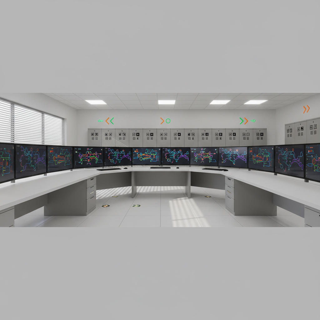 Una sala de control de mantenimiento empresarial sin operadores, con un amplio escritorio técnico de superficie blanca y varios monitores encendidos que muestran diagramas abstractos de rendimiento y tableros de indicadores sin texto. En la pared, paneles eléctricos cerrados y ordenados, etiquetados solo con símbolos geométricos. El ambiente evoca una empresa mexicana moderna con detalles sutiles como señalizaciones de color ámbar y verde sin palabras. Iluminación combinada de luz de día filtrada por persianas y luz LED neutra del techo, generando una atmósfera profesional y de alta precisión. Composición fotográfica panorámica con enfoque nítido en todo el cuadro, estilo realista y corporativo, transmitiendo monitoreo constante y asesoría especializada.