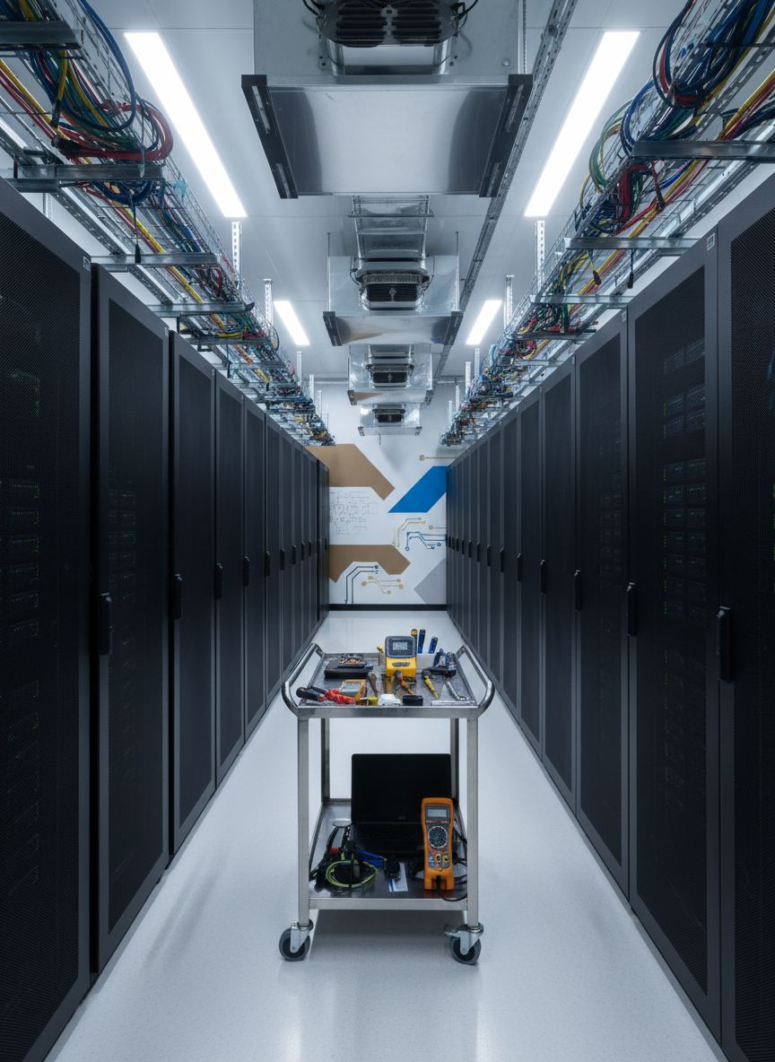 Interior de un centro de datos empresarial sin presencia humana, con hileras de racks de servidores negros perfectamente alineados, cables organizados en canaletas de colores vivos y sistemas de enfriamiento visibles en el techo. En el primer plano, un carrito de mantenimiento ordenado con herramientas, un portátil cerrado sin logotipos y un dispositivo de pruebas de red. El entorno refleja una empresa mexicana de alto nivel tecnológico mediante discretos detalles arquitectónicos y señalización gráfica sin texto. Iluminación LED fría y uniforme desde el techo, reflejándose en superficies brillantes y creando un ambiente de alta precisión. Fotografía en perspectiva longitudinal con profundidad marcada, estilo realista, limpio y profesional, enfatizando la asesoría técnica y la continuidad operativa.