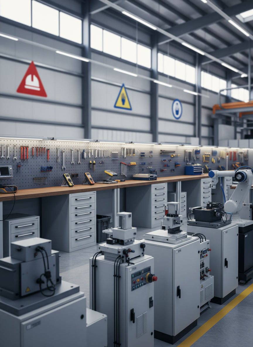 Un taller de mantenimiento empresarial moderno sin personas, con maquinaria industrial ligera y tableros eléctricos bien organizados en primer plano. Gabinetes metálicos gris claro, herramientas alineadas sobre paneles perforados y equipos de medición digital reposan sobre una mesa de trabajo robusta. Al fondo, se insinúa un entorno de nave industrial mexicana con señalética de seguridad representada como iconos abstractos sin texto. Luz natural suave entra por ventanales altos, combinada con iluminación fría de tipo industrial, creando reflejos limpios en superficies metálicas. Fotografía a nivel de ojo, con ligera profundidad de campo para enfatizar orden y profesionalismo, en estilo realista, nítido, limpio y corporativo, transmitiendo continuidad operativa y control técnico.