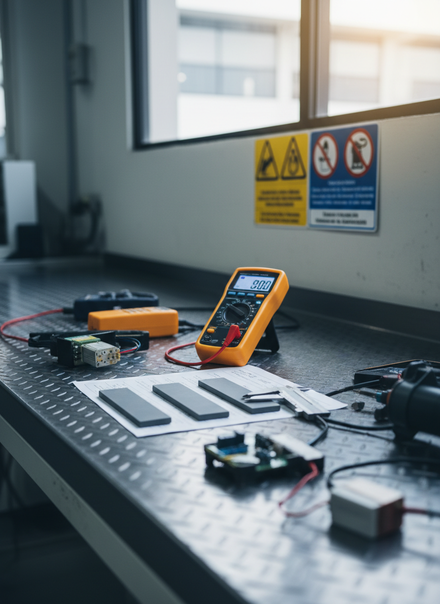 Primer plano de un conjunto de herramientas y dispositivos de diagnóstico de alta gama sobre una mesa de trabajo industrial impecable. Hay un multímetro digital encendido, un calibrador, sensores desmontados y un plan de mantenimiento impreso representado solo como bloques grises sin texto legible. La mesa, metálica con superficie antideslizante oscura, está ubicada en un taller empresarial moderno en México, insinuado por señalética de seguridad con iconos y colores normativos en el fondo desenfocado. Luz lateral fría proveniente de luminarias industriales, reforzada por un ligero haz cálido desde una ventana alta, creando contrastes sutiles. Fotografía de estilo realista, con profundidad de campo reducida para centrar la atención en la precisión de las herramientas y la cultura de mantenimiento preventivo.